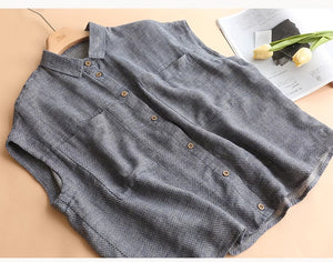 Áo sơ mi linen sát nách cổ đức hai túi kẻ caro - NU8979
