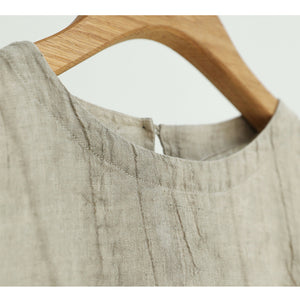 Đầm liền linen ngắn tay cổ tròn eo phối dải màu - NU9913