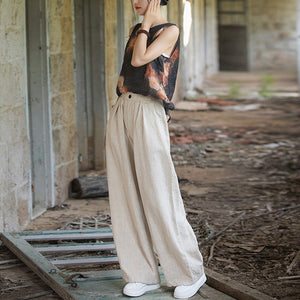 Quần baggy linen lưng thun ống rộng đính khuy - NU9818