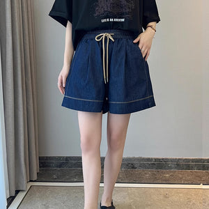 Quần sooc denim đơn sắc lưng thun dây rút một túi sau - NU8945