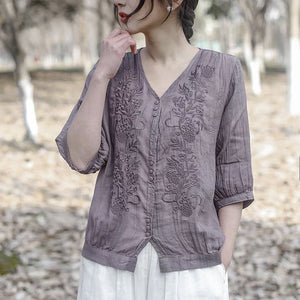 Áo sơ mi linen ngắn tay cổ V thêu mùa hè - NU10043