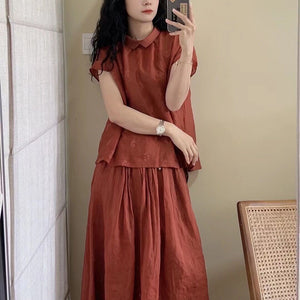 Áo sơ mi linen sát nách cổ pipi thêu hóa lá đồng màu - NU10264