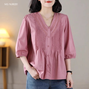 Áo sơ mi ngắn tay cổ V thêu ren xếp ly - NU8828