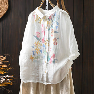 Áo sơ mi linen ngắn tay cổ đức in hoa hồng - NU10095