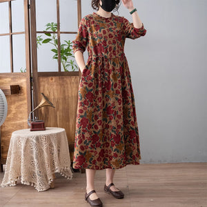 Đầm liền dài tay cổ tròn xếp ly khuy lệch eo dây rút - NU9323