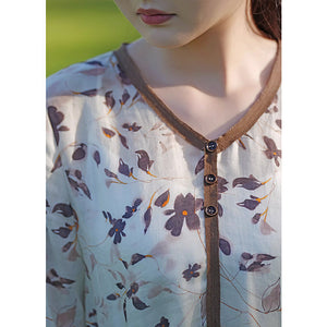 Đầm liền linen ngắn tay cổ V ba khuy in hoa lá - NU9035
