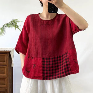 Áo T-shirt linen ngắn tay cổ tròn phối caro - NU9865