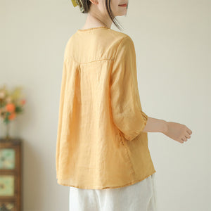 Áo T-shirt linen ngắn tay cổ tròn đính ren thêu hoa lá - NU9997