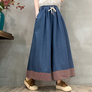 Quần baggy denim lưng thun ống rộng phối caro - Q129