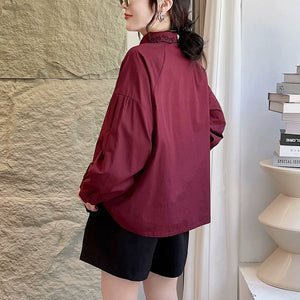 Áo sơ mi linen dài tay cổ đức thêu bo viền - NU9857