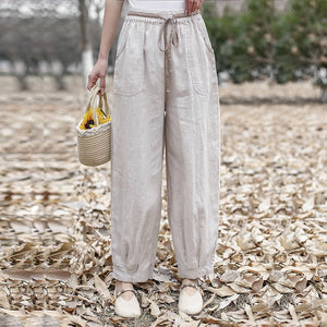 Quần baggy linen lưng thun dây rút túi vuông bo gấu - NU9794