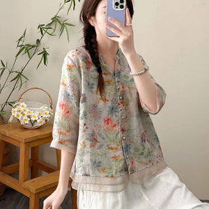 Áo sơ mi linen ngắn tay cổ V đính ren in hoa lá - NU9814