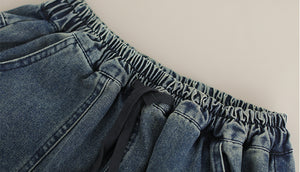 Chân váy denim lưng thun thêu retro bạc màu - V027