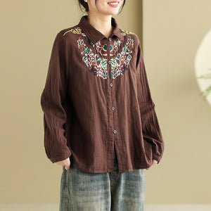 Áo sơ mi linen dài tay cổ đức thêu hoa văn retro - NU9739