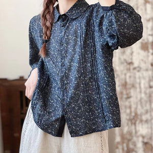 Áo sơ mi linen dài tay cổ đức in hoa lá liti kiểu xếp ly - NU9858