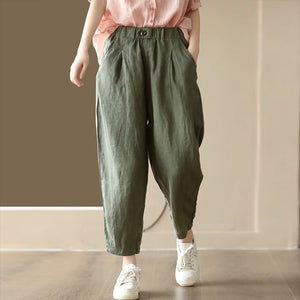 Quần baggy linen lưng thun hai túi chéo khuy cài - NU9065