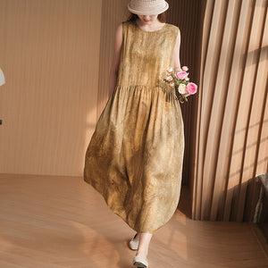 Đầm liền linen sát nách cổ tròn in đồng màu - NU10111