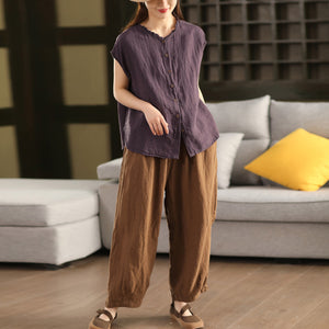 Áo sơ mi linen sát nách cổ tròn xếp ly - A812