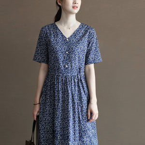 Đầm liền linen ngắn tay cổ V in hoa liti ba khuy - NU10024