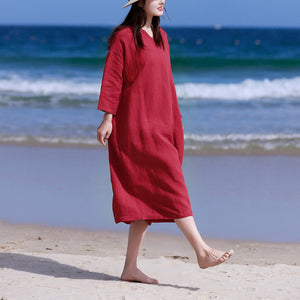 Đầm liền linen tay lửng cổ V eo thắt dây một màu - NU9037
