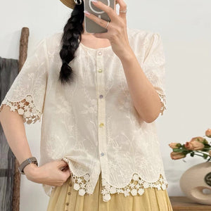 Áo sơ mi linen ngắn tay cổ tròn thêu hoa lá khuy tròn - A878