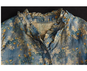 Áo sơ mi linen ngắn tay cổ V xếp ly in hoa liti - NU8926