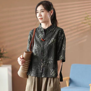 Áo sơ mi ngắn tay cổ đức in hoa lá retro - A054