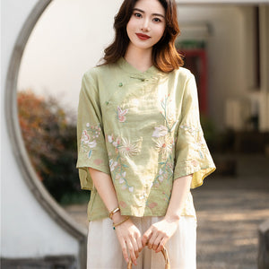 Áo sơ mi linen ngắn tay khuy tròn cài lệch thêu hoa lá - NU10055