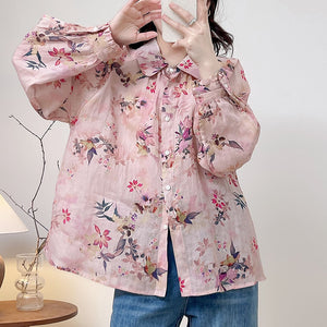 Áo sơ mi linen dài tay cổ cánh sen in hoa lá - A685