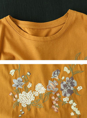 Áo T-shirt ngắn tay cổ tròn thêu hoa lá - NU10370