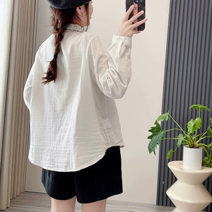 Áo sơ mi linen dài tay cổ pipi thêu hoa lá bo viền - NU9705