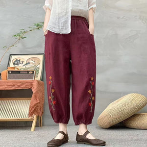 Quần baggy linen lửng lưng thun ống bo thêu hai nhành hoa - Q145