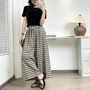 Quần baggy linen lưng thun ống rộng kẻ caro hai túi chéo - NU10159