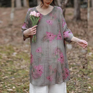 Áo sơ mi linen tay lửng cổ V form dài in hoa lá - NU10012