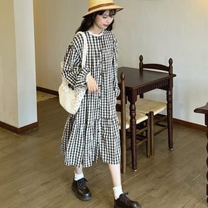 Đầm liền linen Morigirl dài tay cổ tròn kẻ caro - D040
