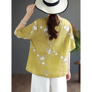 Áo T-shirt linen ngắn tay cổ tròn thêu hoa lá kiểu vạt lệch - NU9067
