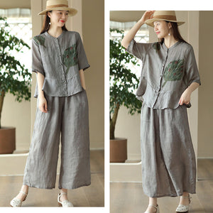 Áo sơ mi linen ngắn tay cổ tàu in hoa lá retro khuy tròn - NU8854