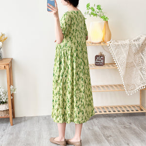 Đầm liền linen ngắn tay cổ tròn chiết eo xếp ly in hoa văn trừu tượng - NU8800