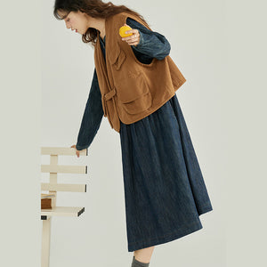 Đầm liền denim dài tay cổ trái tim khuy tròn - NU9793
