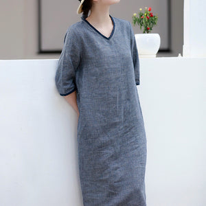 Đầm liền linen ngắn tay cổ V kẻ caro eo thắt dây - NU8786