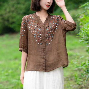 Áo sơ mi linen ngắn tay cổ V thêu hoa liti màu sắc - NU9845