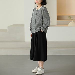 Áo sơ mi linen dài tay cổ tròn ren kẻ caro - NU10070