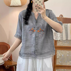 Áo sơ mi organza ngắn tay cổ V thêu hoa lá - NU9808
