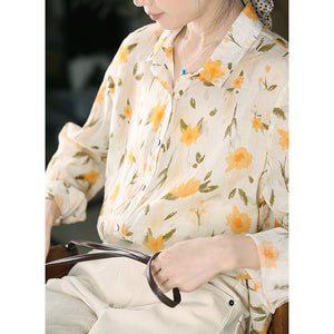 Áo sơ mi linen dài tay cổ đức in hoa lá - NU9626