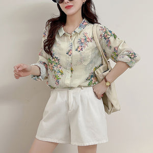 Áo sơ mi linen dài tay cổ pipi in hoa lá một túi tam giác - A687