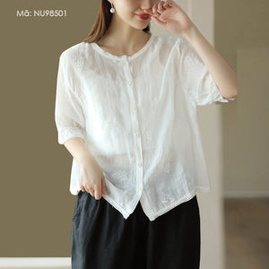 Áo sơ mi linen ngắn tay cổ tròn thêu hoa lá đồng màu - NU9850