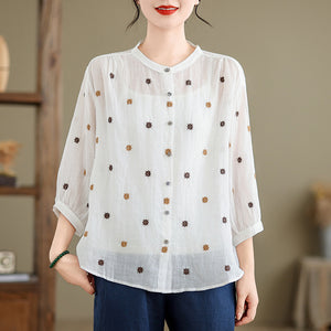 Áo sơ mi linen tay lửng cổ đứng thêu chấm sao - NU10093