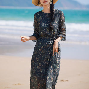 Đầm liền linen ngắn tay cổ tròn in những chiếc lá - NU9900
