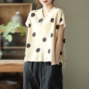 Áo T-shirt linen ngắn tay cổ V chấm bi - NU8683