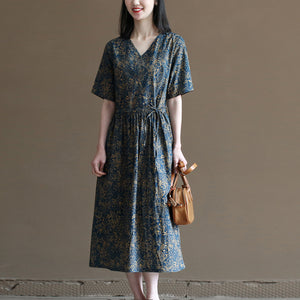 Đầm liền linen ngắn tay cổ V in hoa lá retro chiết eo - NU10033